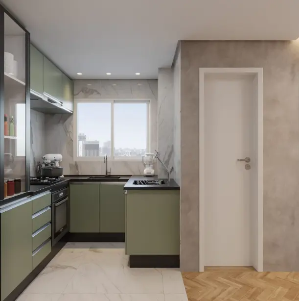 3 Ideias Funcionais para Montar uma Cozinha Completa 7 Cozinha completa compacta: mini cozinha terracota se alinha com a bancada do home office, formando um espaço unificado e prático.
