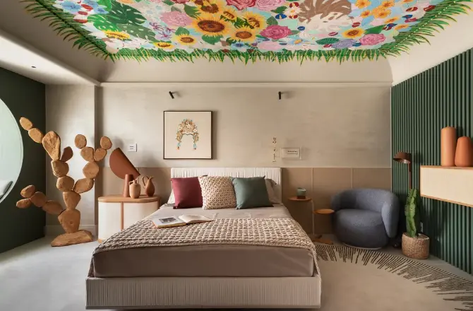Teto Colorido: +10 Ideias para Transformar Quarto, Sala, Cozinha e Escritório 2 Teto colorido inspirado na artista Frida Kahlo, projeto de Dinah Lins, fotografia de Gabriela Daltro/CASACOR.