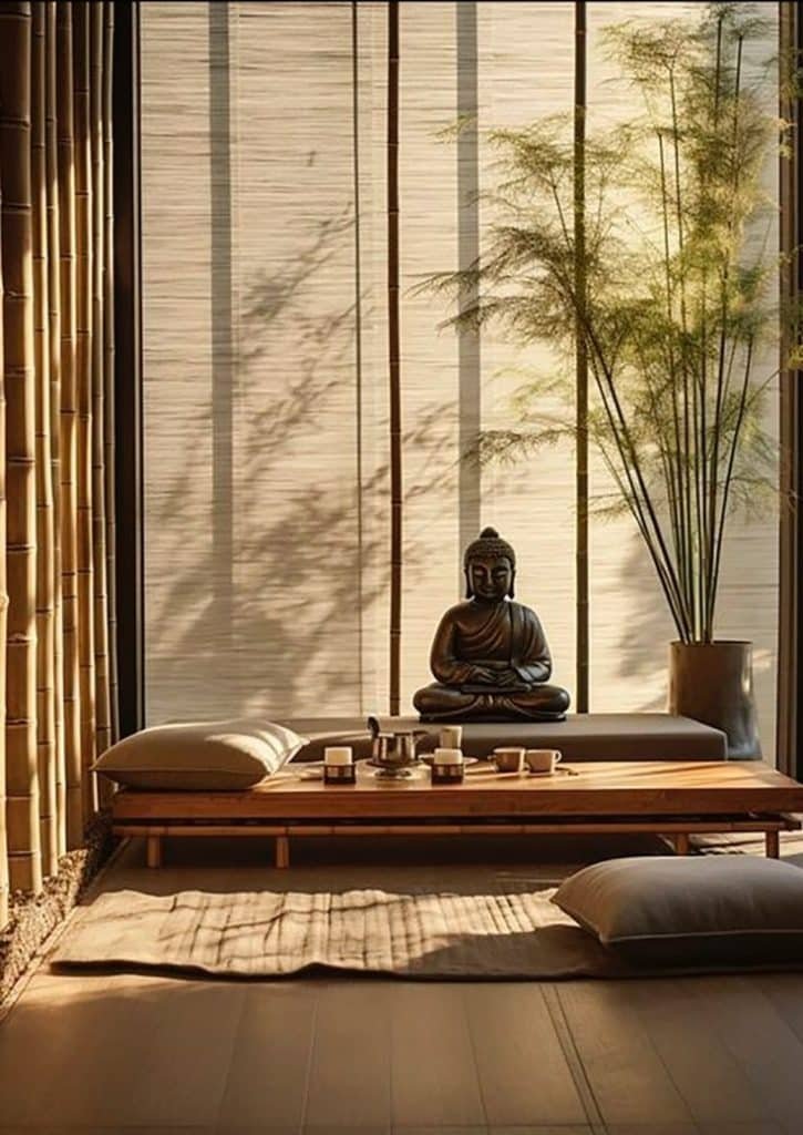 Cantinho da Ioga: 7 Dicas para Criar um Espaço de Tranquilidade 8 Espaço com escultura de Buda