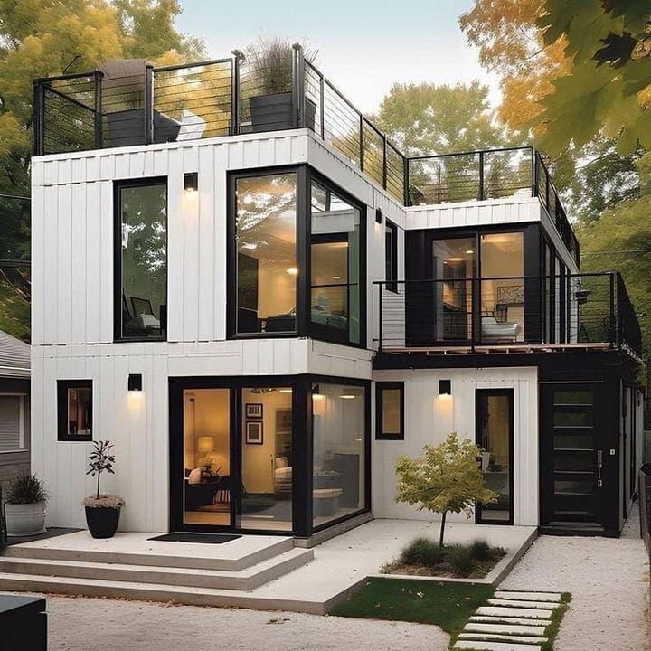 7 Vantagens da Casa Modular: Rapidez, Flexibilidade e Sustentabilidade 9 Casa branca e preta modular com dois andares