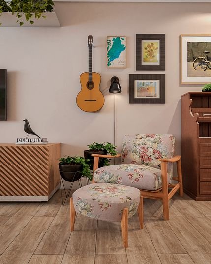 Espaço com geladeira amarela estilo retrô.