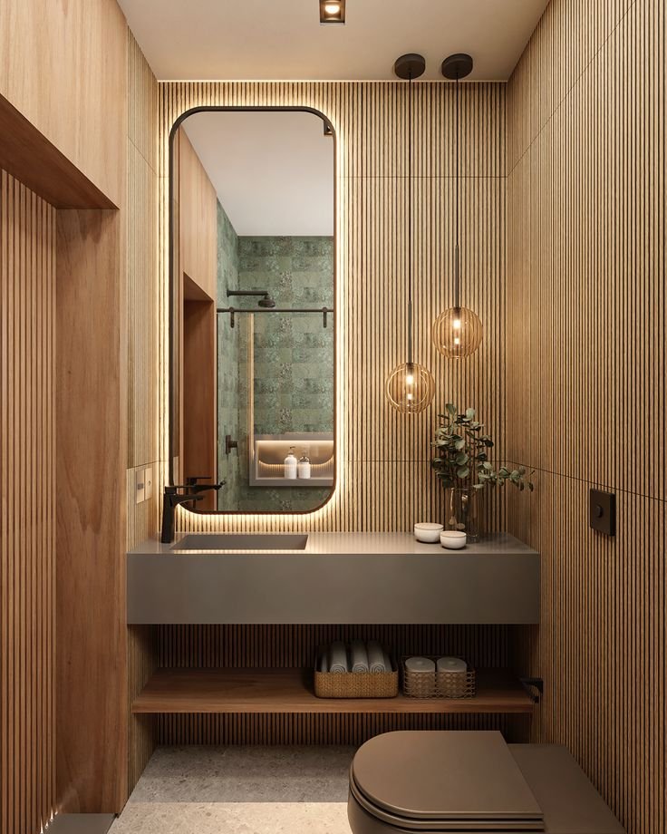 Lavabo Criativo: 7 Inspirações para Decoração 4 Lavabo clean com ripado em madeira