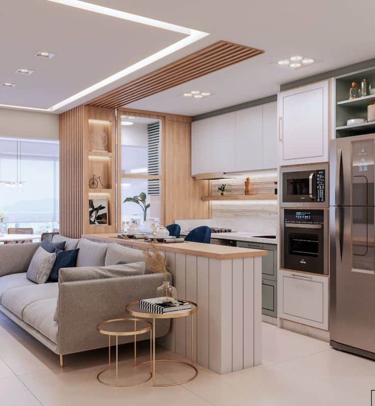 Sala e Cozinha Integradas: 7 Dicas de Estilo e Funcionalidade 1 Sala e cozinha em tons neutros e amadeirados