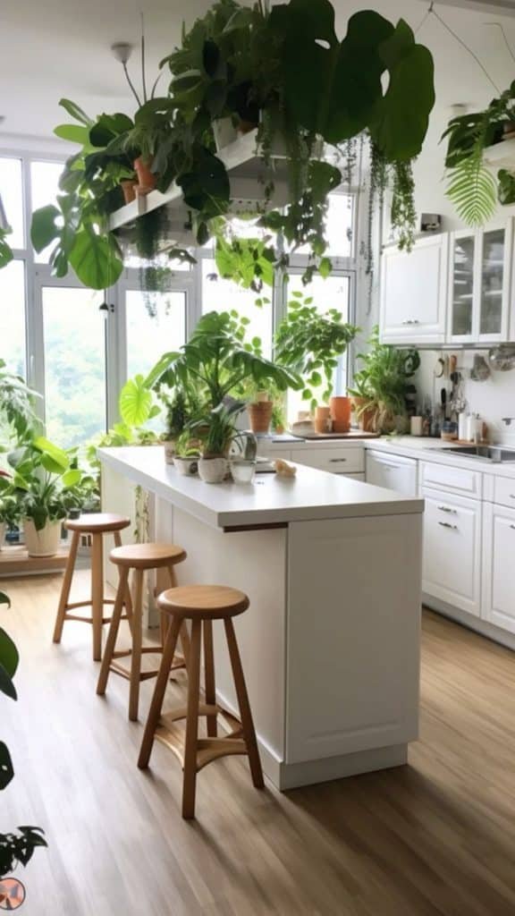 Urban Jungle: 5 Dicas para Criar um Ambiente Fresco e Acolhedor 5 Cozinha branca com ilha e bancos em madeira