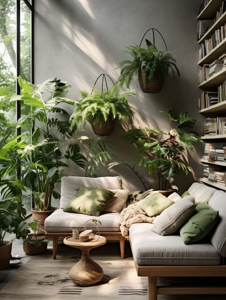 Urban Jungle: 5 Dicas para Criar um Ambiente Fresco e Acolhedor 3 Espaço de lazer com sofás e plantas
