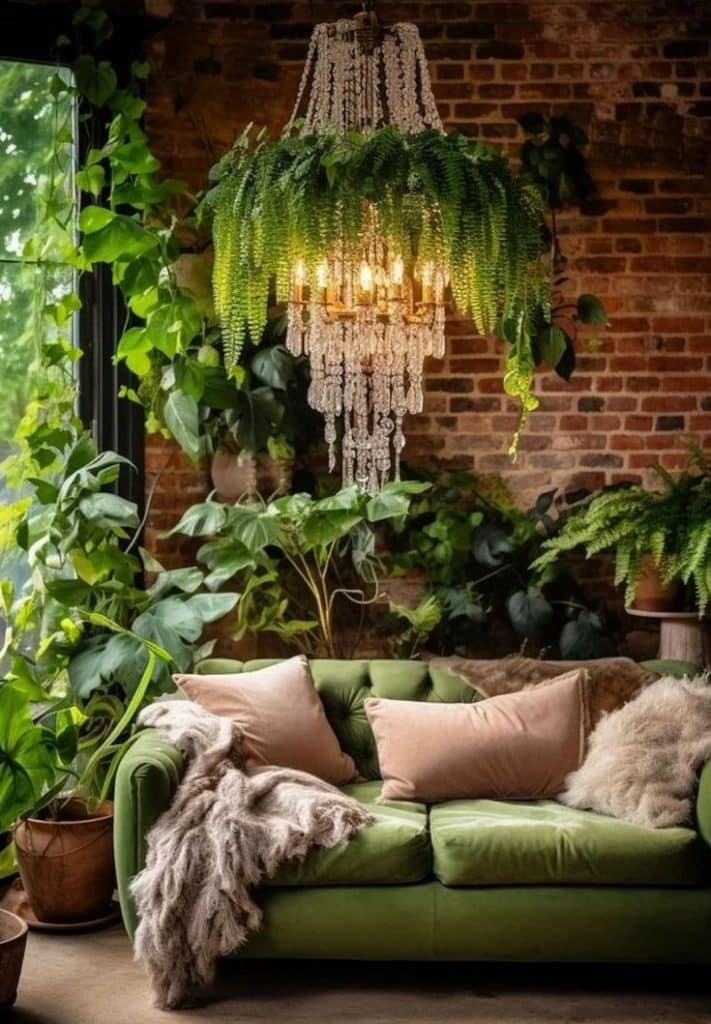 Urban Jungle: 5 Dicas para Criar um Ambiente Fresco e Acolhedor 1 Sala de estar com sofá verde e lustre imponente