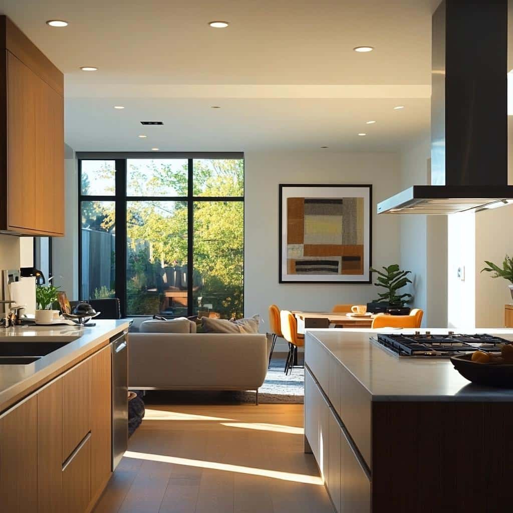 Layout Aberto e Moderno: Cozinha Americana Pequena com Sala