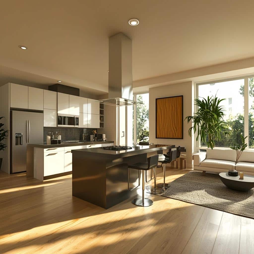 Layout Aberto e Moderno: Cozinha Americana Pequena com Sala